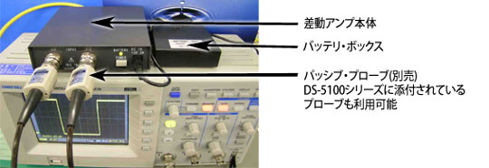 图 1：使用电池供电时，连接到主体差分放大器和 DS-5100 的 10:1 探头的连接示例。